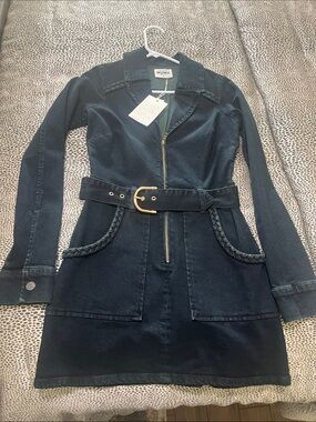 Show Me Your MuMu Black Long-Sleeve Denim Zip Dress with Braided Trim